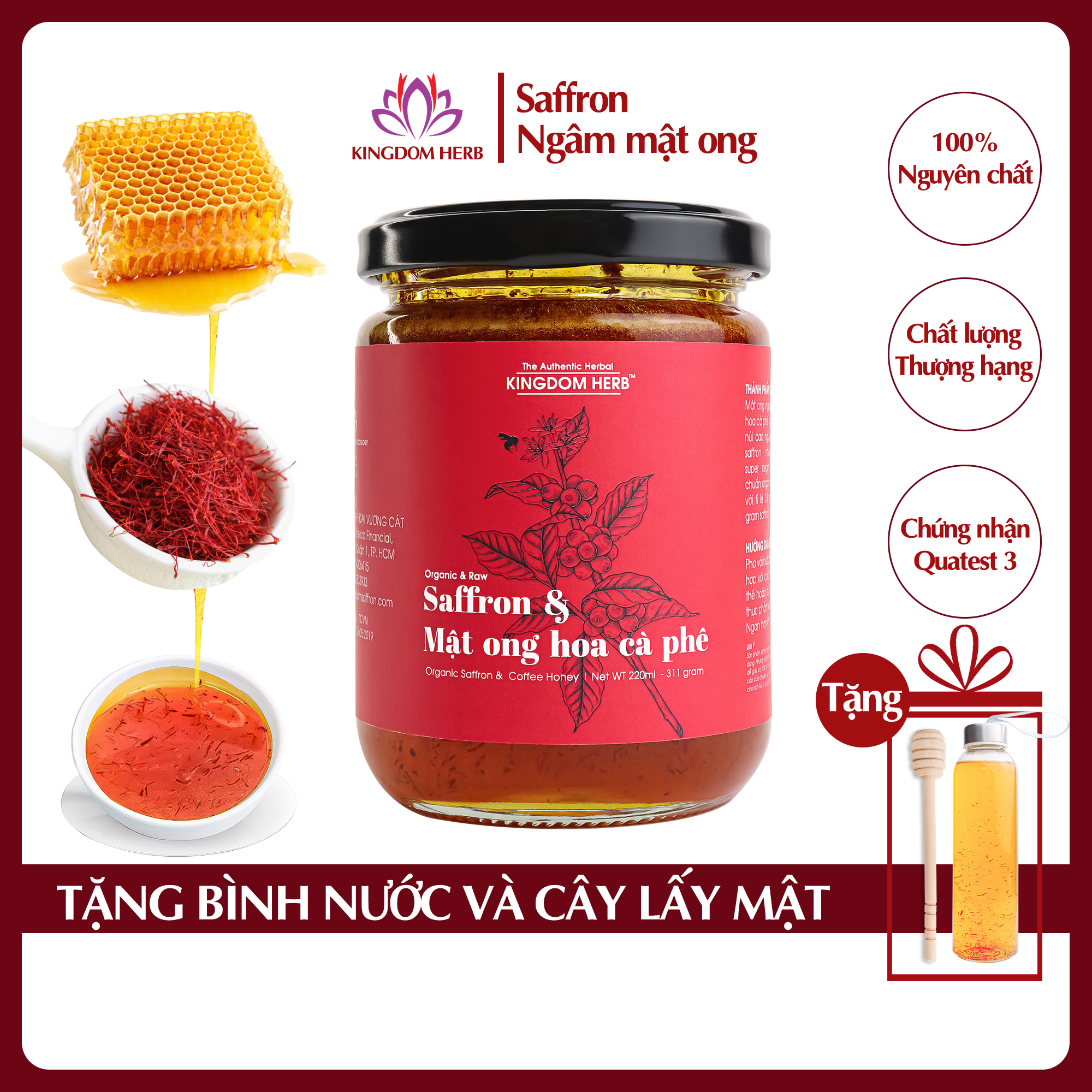 Saffron mật ong Kingdom Herb chính hãng thượng hạng nguyên chất 100% hộp 311g (tặng que lấy mật và bình thuỷ tinh)