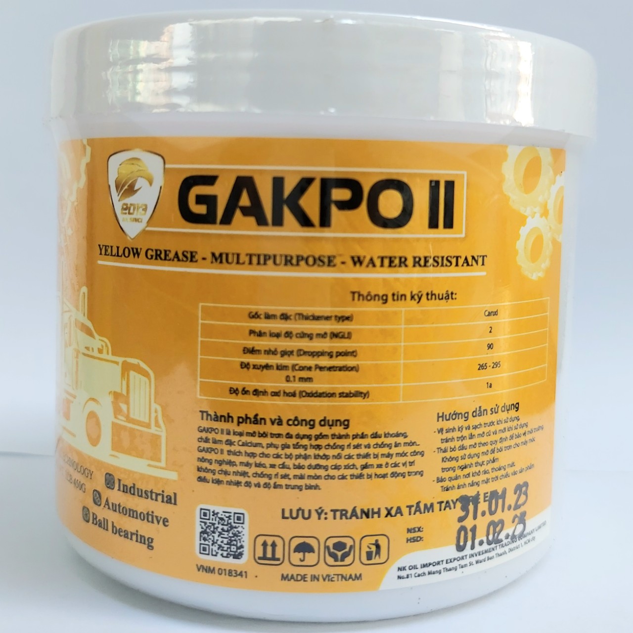 [MỠ BÒ VÀNG CAO CẤP ĐA DỤNG NLGI 2] GAKPO II GREASE YELLOW EP2 450GR MULTIPUROSE - WATER RESISTANT