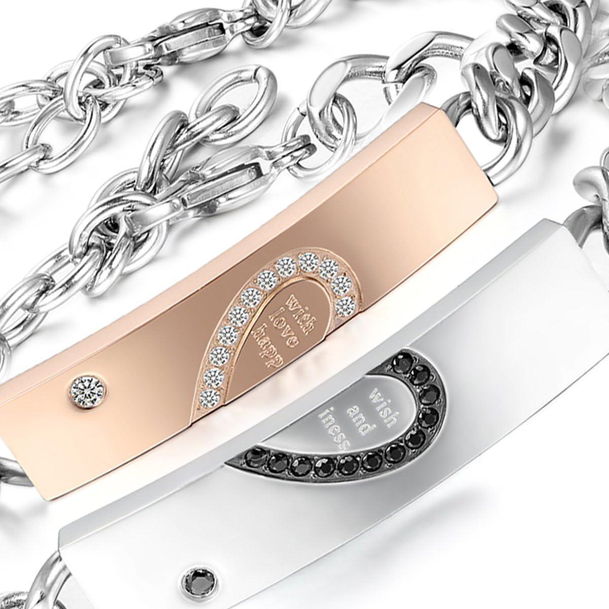 1 cặp  Đối tác nữ của nam giới với bản khắc, dây đeo tay tay bằng thép không gỉ, màu vàng hồng vàng