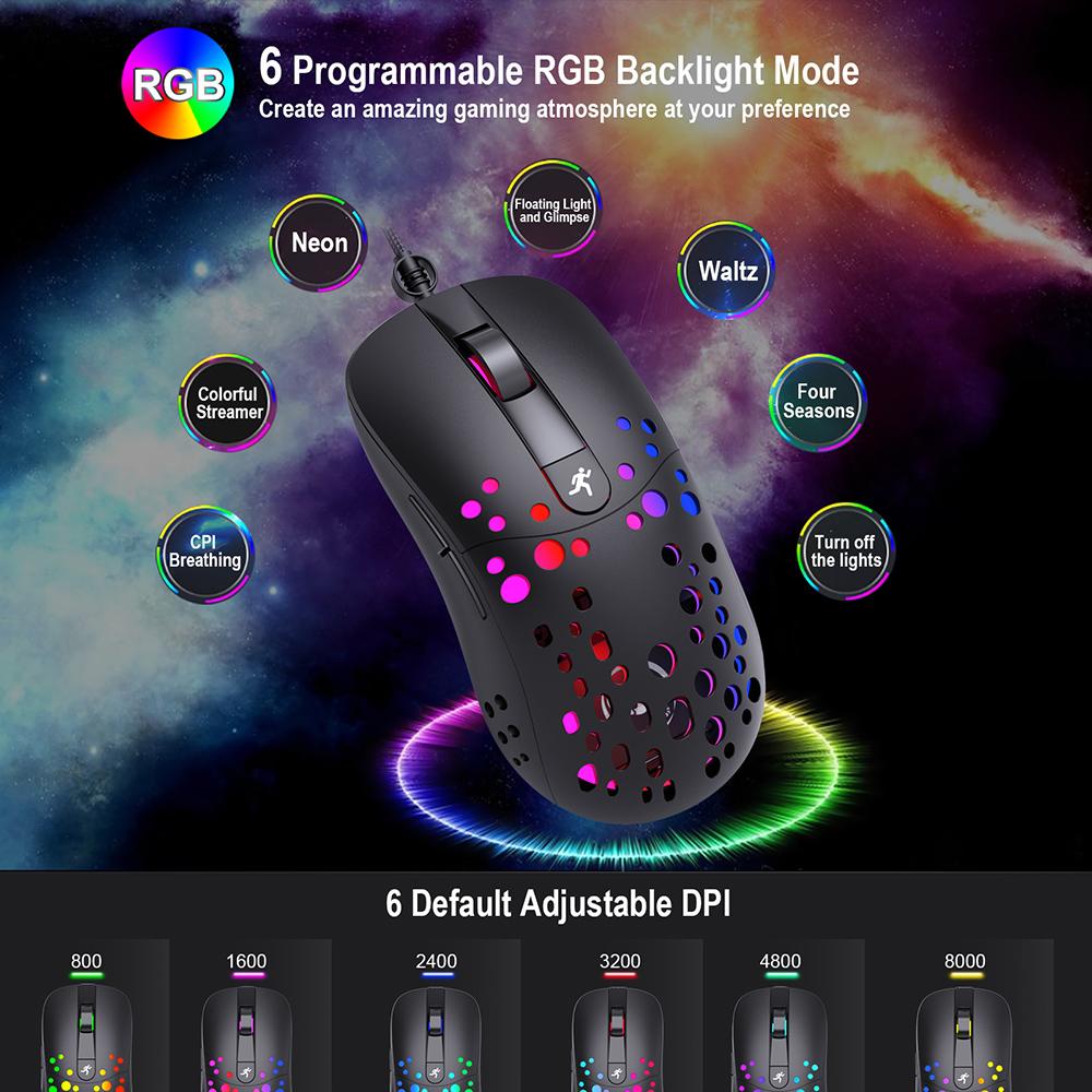 Chuột chơi game có dây HXSJ A904 lập trình macro với DPI có thể điều chỉnh 6 cấp độ 6 Chế độ chiếu sáng RGB