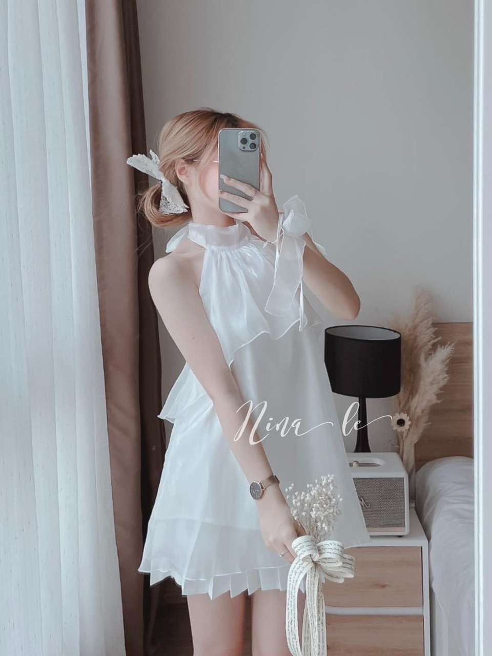 Set áo yếm xếp tầng bèo cột nơ sau kèm chân váy dập ly có lót có nơ tay, set áo váy đi chơi Ánh Dương Clothing M202