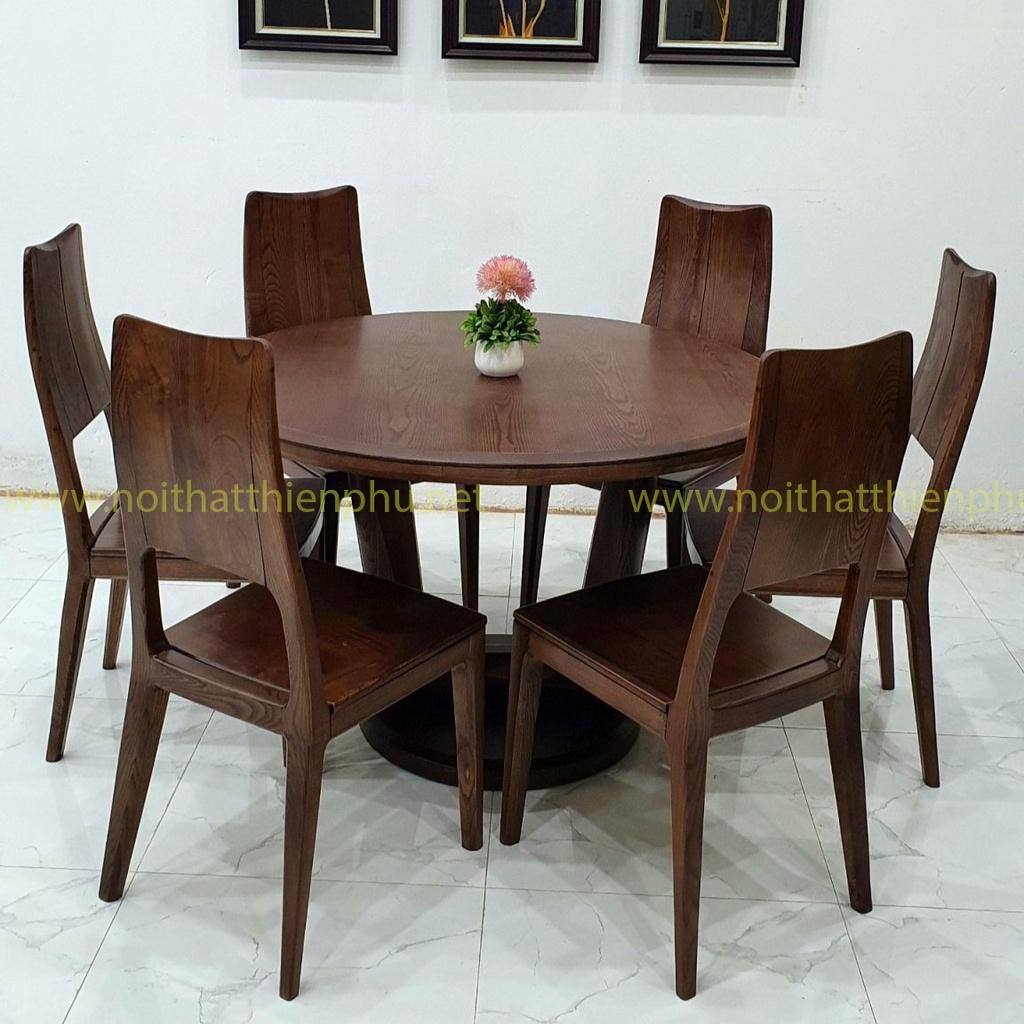 Bộ bàn ăn mặt gỗ tròn 6 ghế cao cấp gỗ Sồi hiện đại