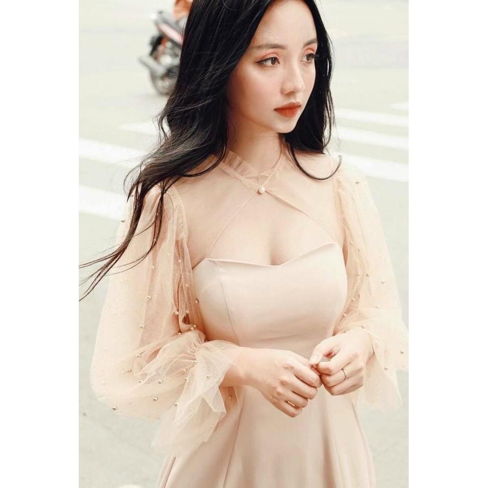 Đầm nữ tay dài phối lưới cổ tàu thời trang dự tiệc dạo phố