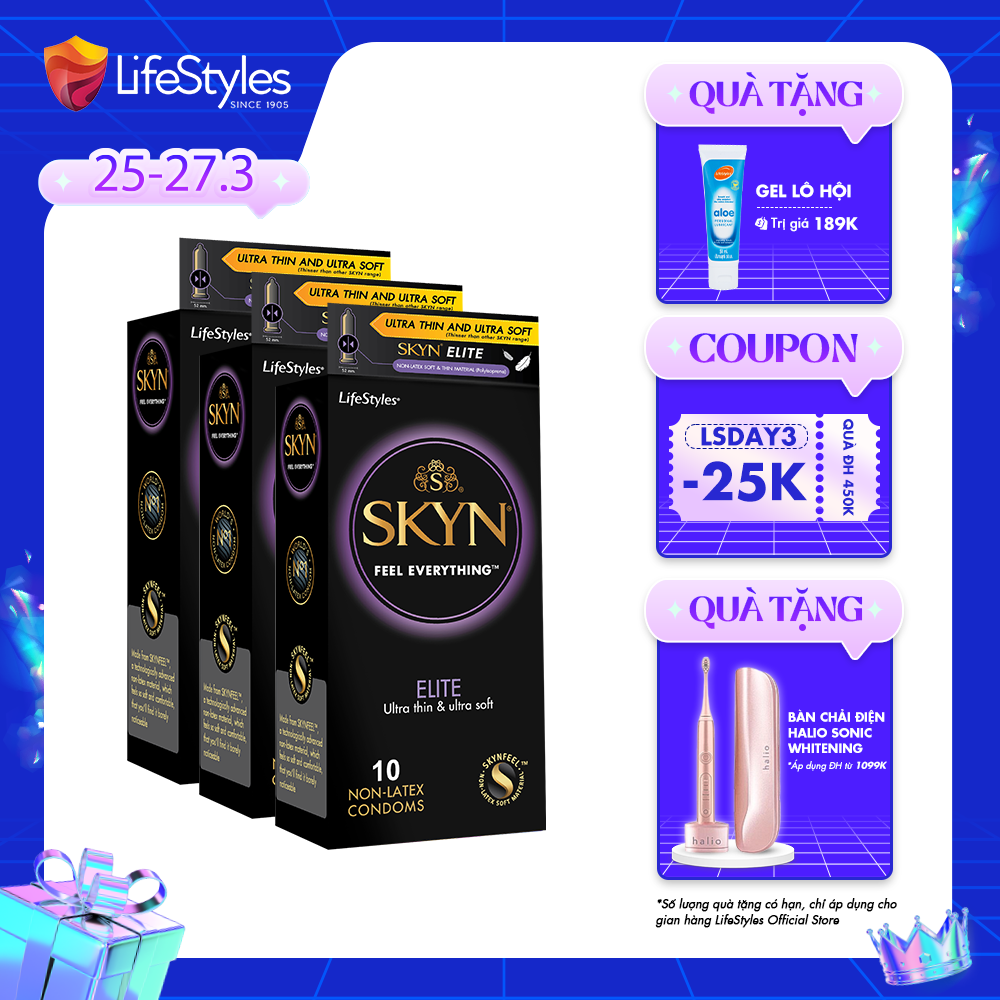 Bộ 3 Bao cao su siêu mỏng, trơn mượt LifeStyles SKYN Elite - Non-latex không mùi cao su - 10 bao
