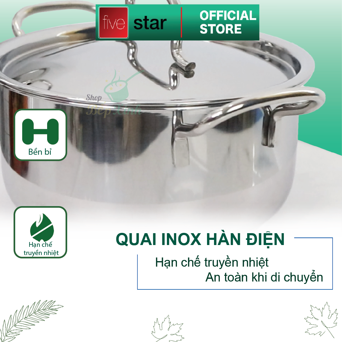 Nồi inox 3 đáy sandwich inox 430 FiveStar Standard bếp từ nắp inox tặng 2 vá canh