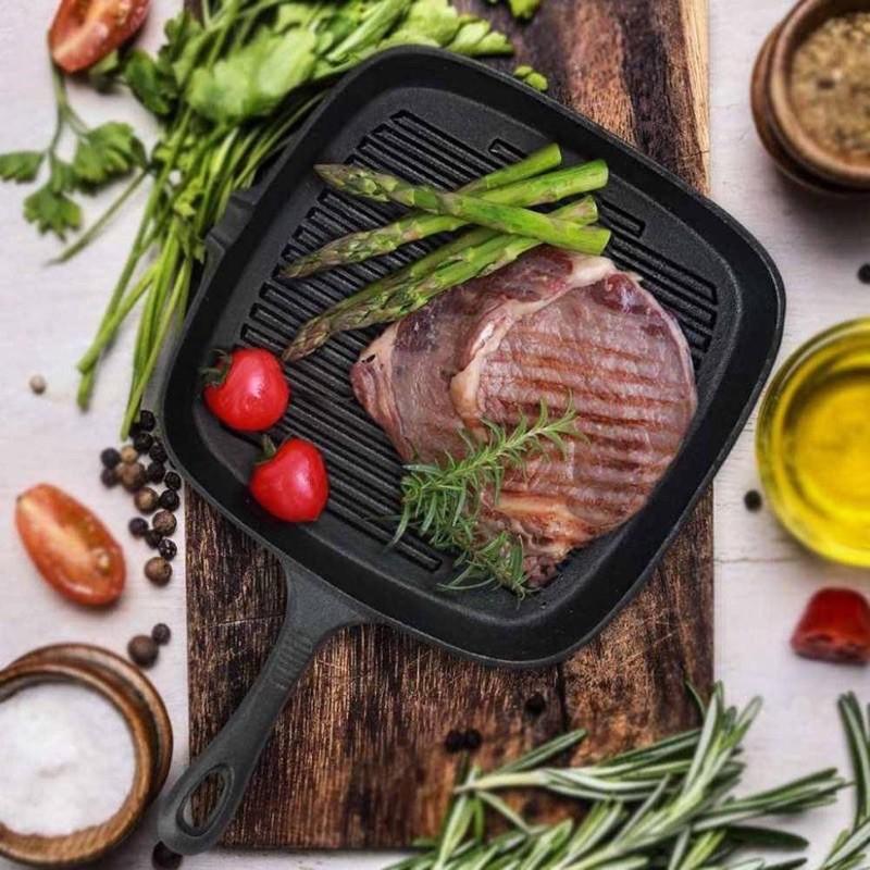 Chảo Gang Nướng Thịt BBQ Bò Bít Tết Beefsteak Kiểu Hàn Quốc Không Tráng Phủ Chống Dính Dùng Được Bếp Từ