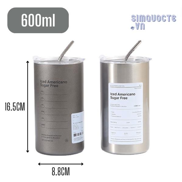 Ly giữ nhiệt Iced Americano inox 304 cao cấp không gỉ Cốc uống nước giữ nhiệt dung tích 600ml kèm ống hút tiện lợi