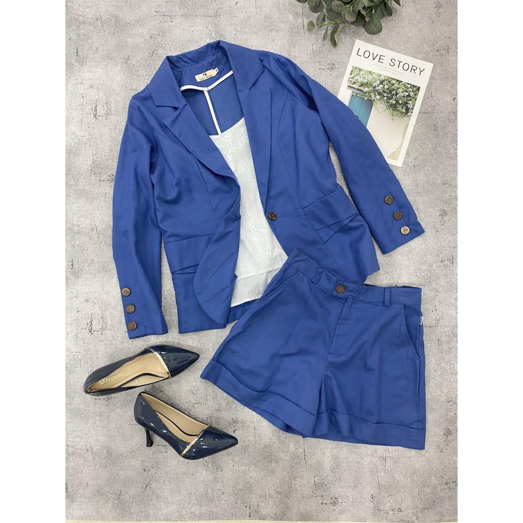 Set Vest, BLAZER nữ LINEN cao cấp - Màu Xanh Coban