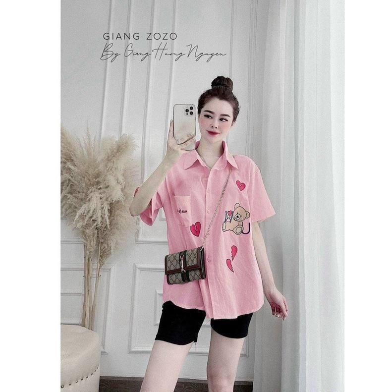 Set Bộ Đồ Nữ Áo Sơ Mi Tim Gấu + Quần Legging Ngố