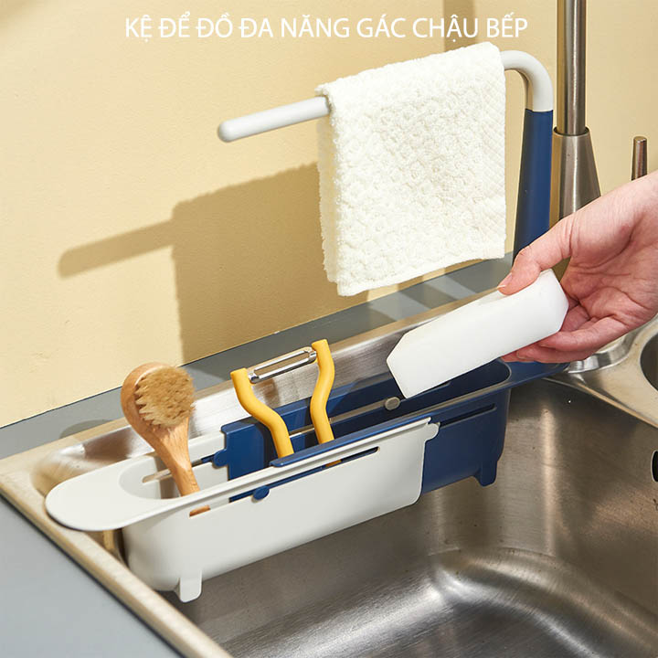 Khay để đồ rửa bát, kệ đựng đồ đa năng gác chậu bếp, có vị trí treo khăn tiện dụng