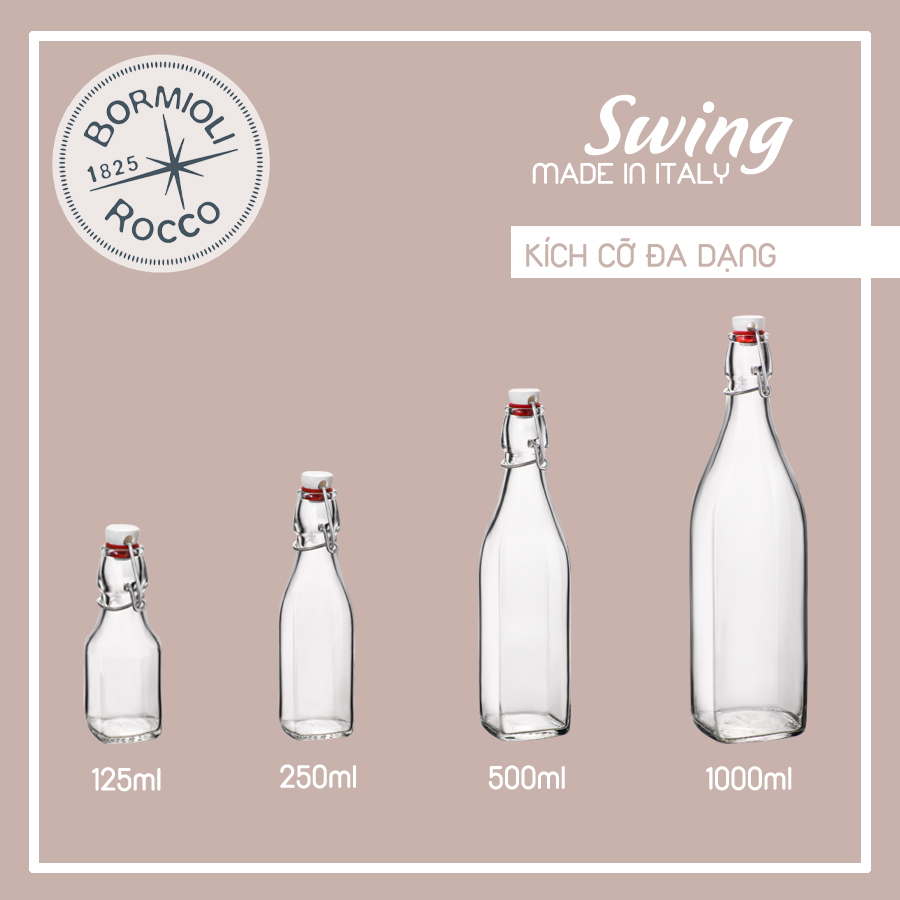 Chai thủy tinh vuông nắp cài Swing 1 lít - 500ml - 250ml - 125ml Bormioli Rocco- HÀNG CHÍNH HÃNG