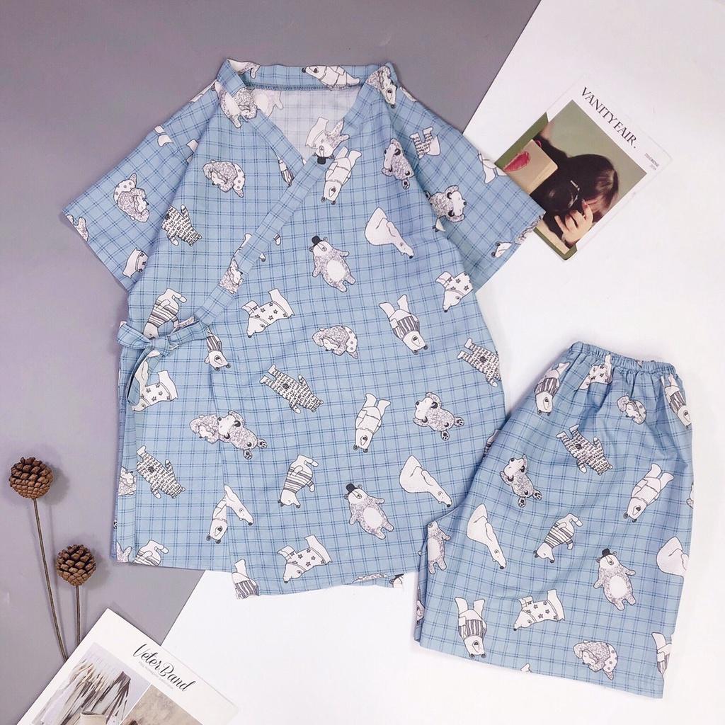 Đồ ngủ nữ pijama mặc nhà kimono chất kate thái cao cấp, bộ quần áo ngủ pizama tay ngắn quần đùi HATIBO