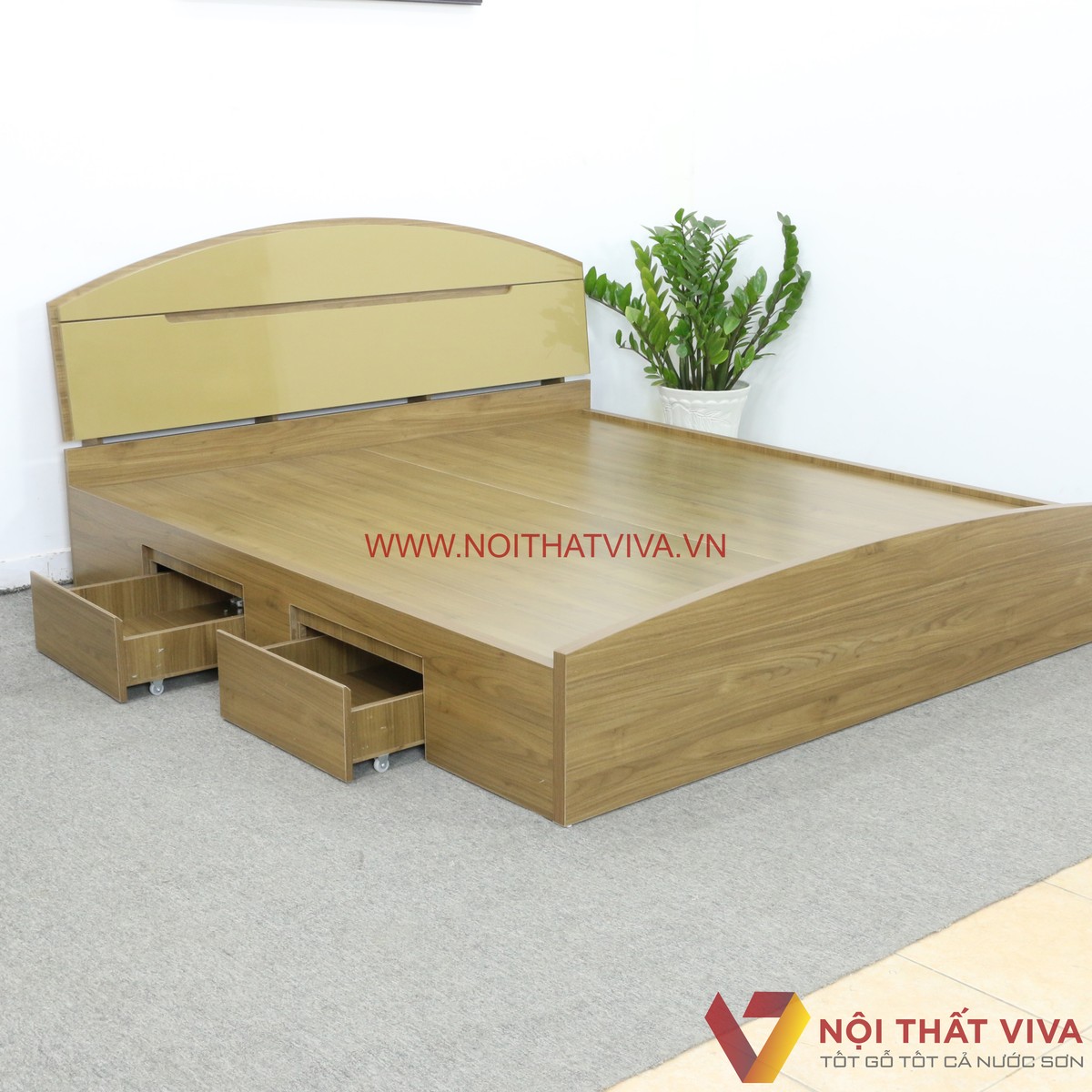 Giường Ngủ Hiện Đại Có Ngăn Kéo Gỗ MDF Melamine Đầu Vòm Màu Nâu Cao Cấp