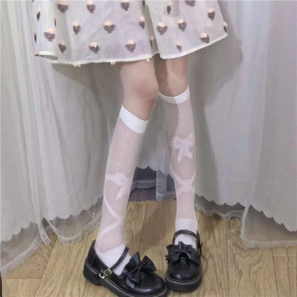 Tất, vớ mỏng tới bắp chân phong cách lolita họa tiết nơ chìm chấm bi, thoáng mát, cá tính, cosplay Gợi Cảm Cho Nữ