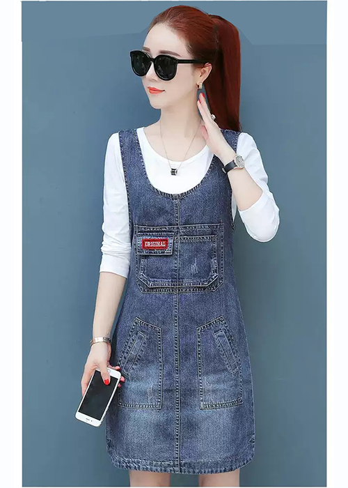 Đầm Yếm Jean Nữ Thêu Logo Thời Trang