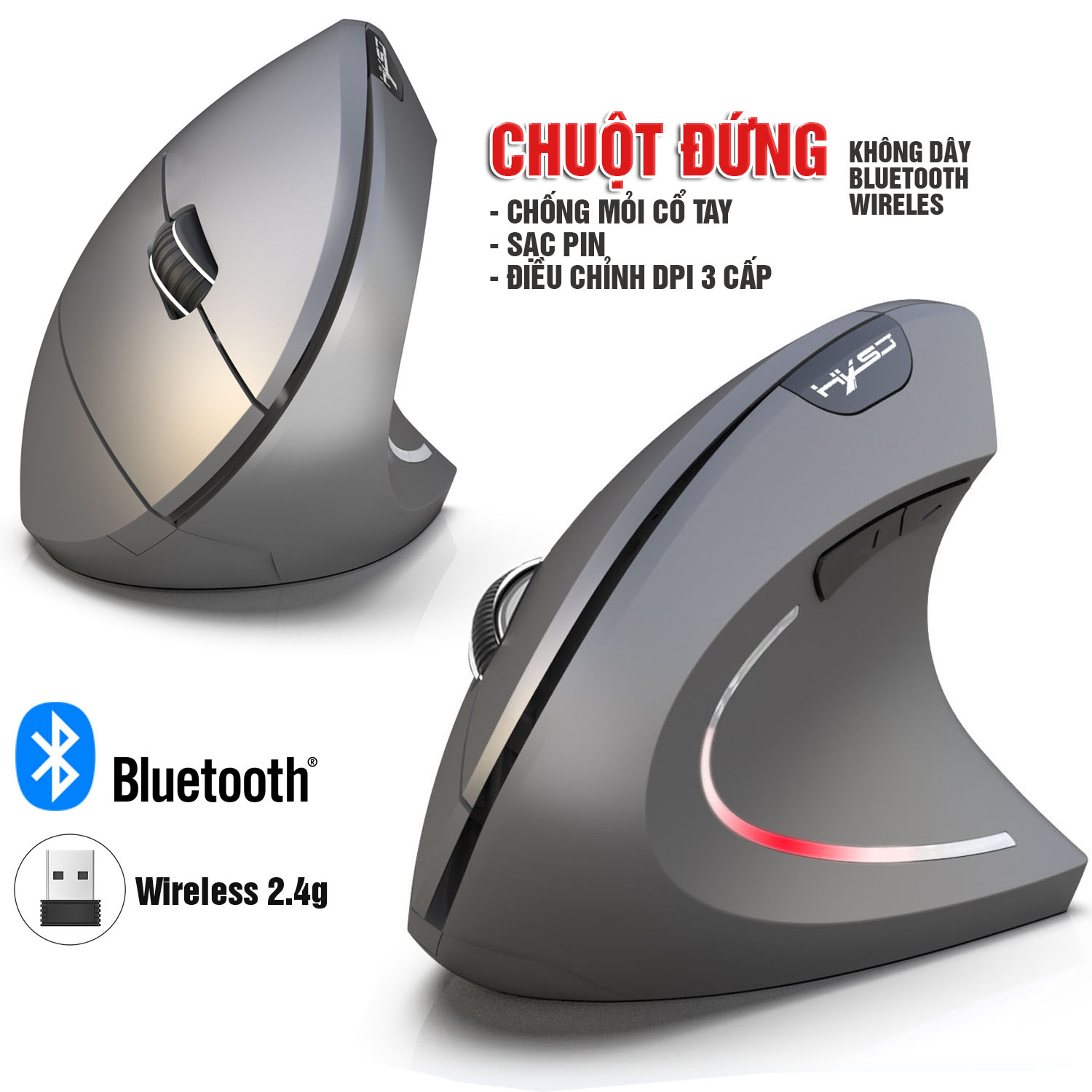 Chuột đứng không dây Wireless 2.4G, Bluetooth, DPI điều chỉnh 3 cấp, cho Gaming, Văn phòng, Designer 6 nút, chống mỏi cổ tay Dan House HXSJ T24, T24, T29, Pin sạc- Hàng chính hãng