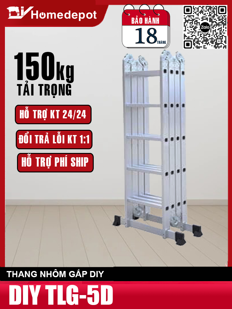 Thang nhôm gấp đoạn DIY TLG-5D chiều cao sử dụng chữ A 2.8m, chiều cao chữ I 5.8m, tải trọng 150kg