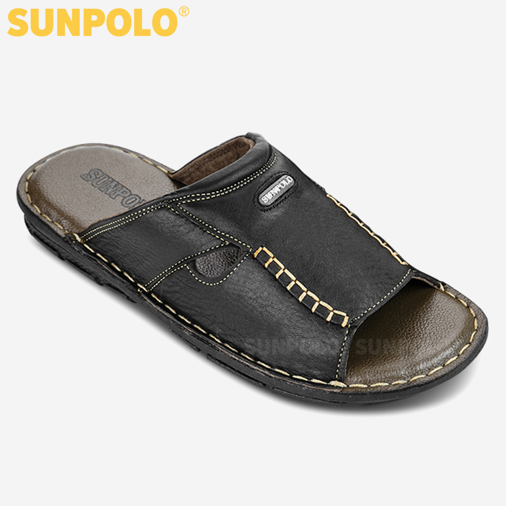 Dép Nam Quai Ngang Da Bò Cao Cấp Sunpolo Sua12D - Đen Size 44