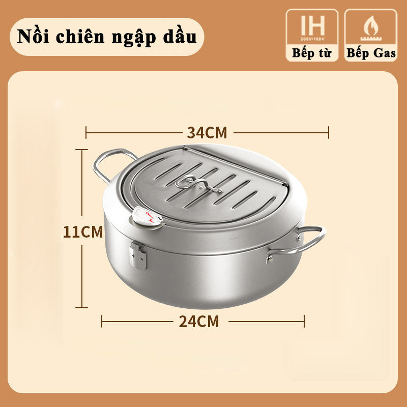 Nồi chiên ngập dầu sâu lòng  mini có nắp tránh bắn dầu size 30cm