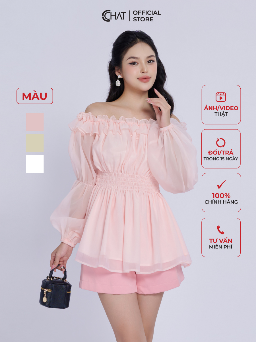 Hình ảnh Áo Kiểu Nữ  Trễ Vai Chun Eo Dáng Peplum Chất Voan Bay Bổng 13ADV2003PT