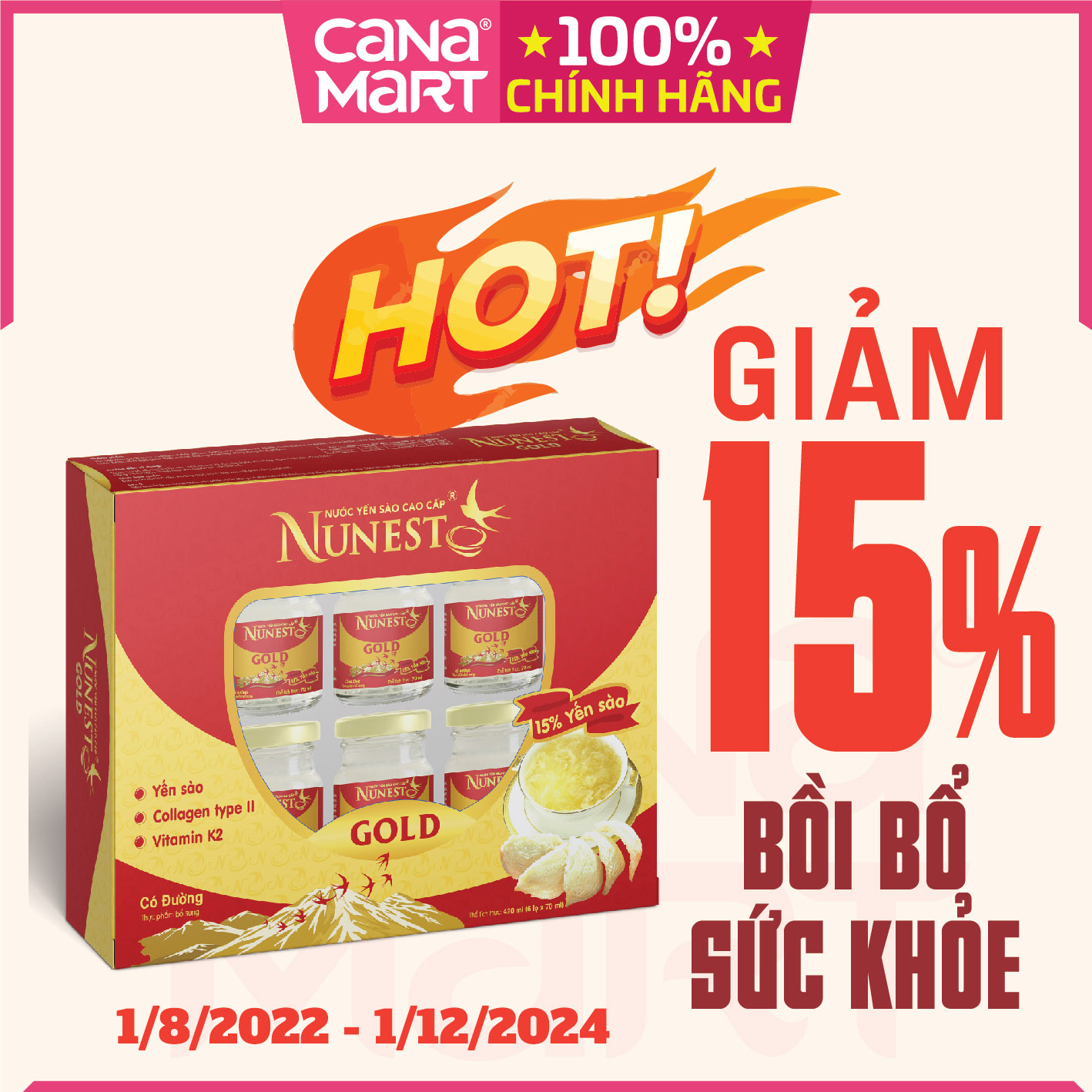 [Hộp 6 lọ x 70ml] Nước yến sào cao cấp Nunest Gold bồi bổ sức khỏe