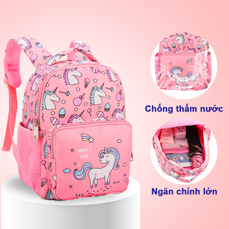 Balo mẫu giáo hình unicorn vải dù không thấm nước cho bé 3-5 tuổi – B017