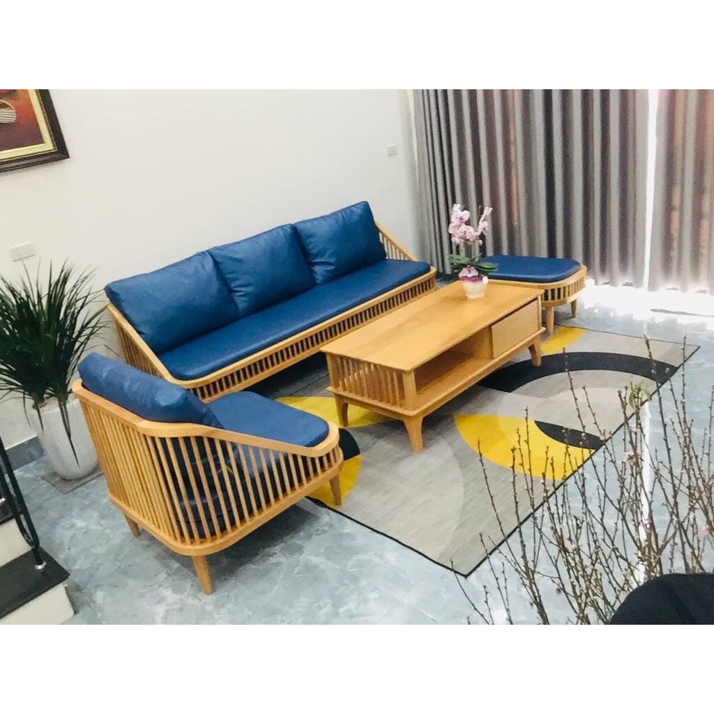 Bộ sofa gỗ nệm Juno Sofa băng dài 2m, ghế đơn, đôn và bàn Scandivian