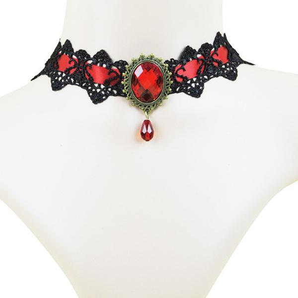 2-4pack Fashion Red Gem Pendant Lace Collar Necklace Choker Chunky Red Black