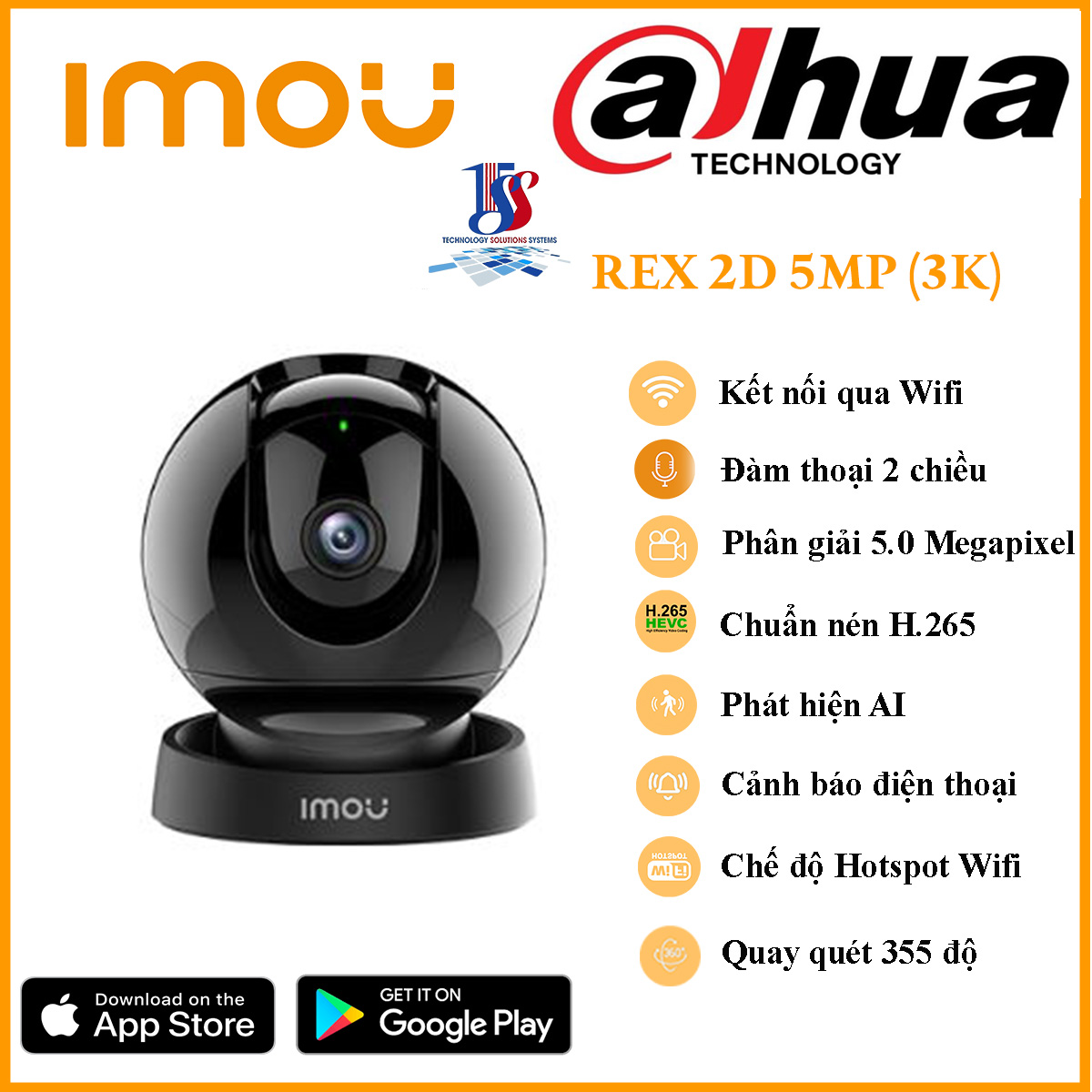 Camera wifi, Camera imou REX 2D 5MP (3K) quay quét 355 độ, đàm thoại 2 chiều, phân giải 5MP, AI - hàng chính hãng Bảo hành 24 tháng