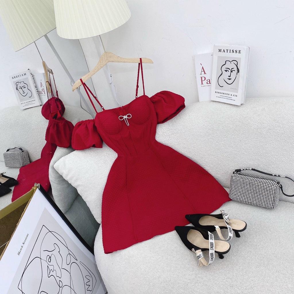 Đầm đỏ 2 dây yếm rớt tay phồng đính đá nơ dự tiệc chơi noel du xuân đón tết