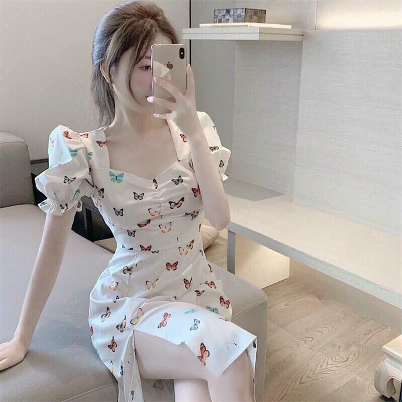 Đầm xẻ tà dáng suông nhún ngực tay phồng tiểu thư