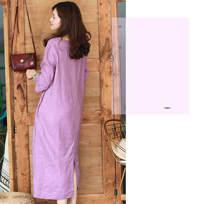 Đầm suông linen cổ tim chồng tay lỡ - Tím nhạt