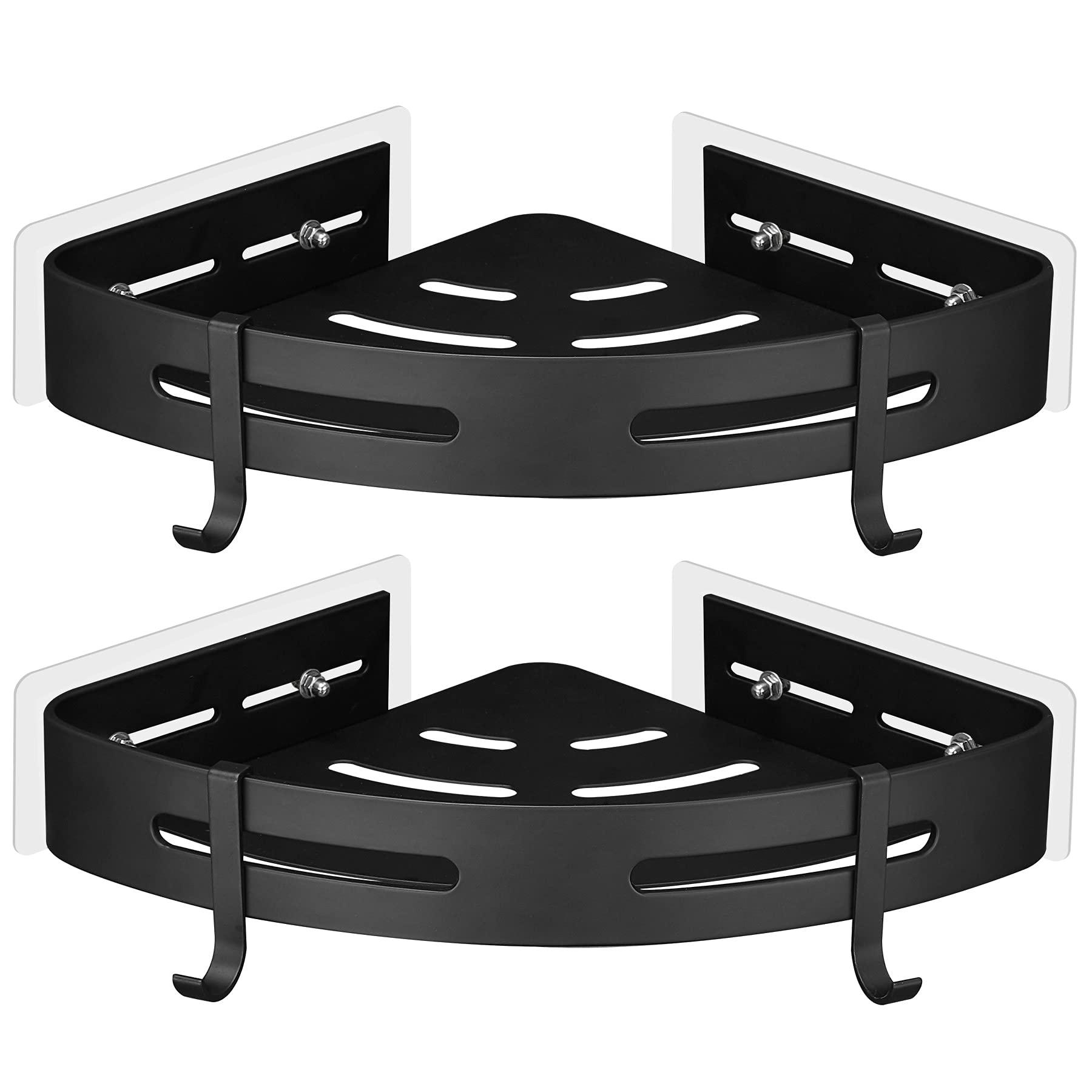 Kệ góc nhà tắm bằng nhôm hình máy bay không khoan với 2 móc treo vòi hoa sen Giá đỡ chống gỉ tự dính cho các vật dụng phòng tắm 2 miếng màu đen