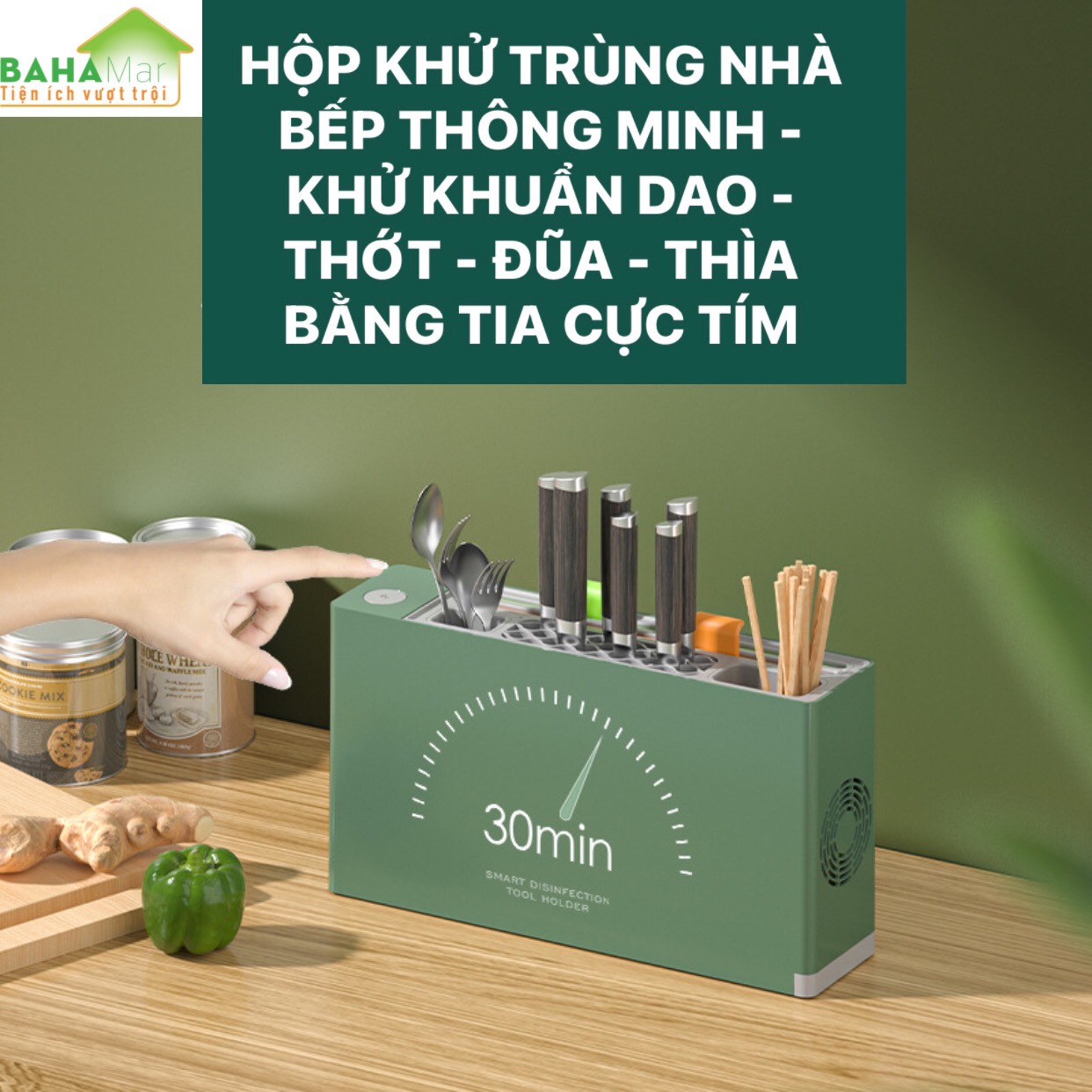 HỘP SẤY VÀ KHỬ TRÙNG VẬT DỤNG NHÀ BẾP THÔNG MINH - KHỬ KHUẨN DAO - THỚT - ĐŨA - THÌA BẰNG TIA CỰC TÍM "BAHAMAR" Có các hạt đèn khử trùng tia cực tím sâu UVC giúp khử trùng toàn diện hơn.