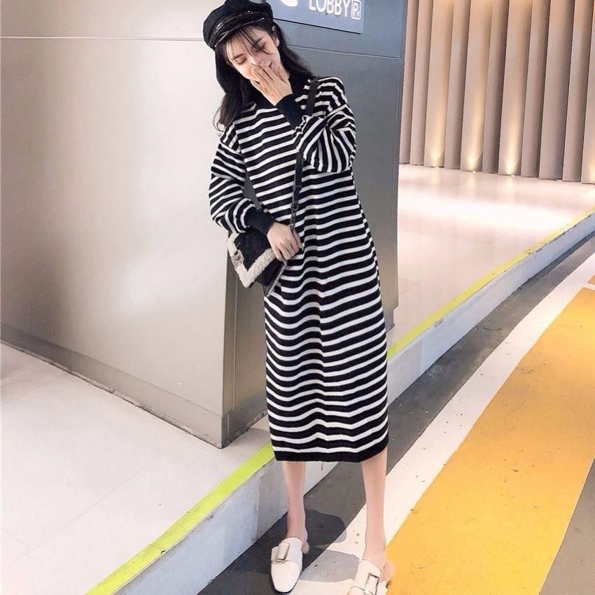 Váy Len Bầu Thu Đông Dáng Dài Họa Tiết Kẻ Cổ 3p Hàng Quảng Châu Phong Cách Ulzzang Hàn Quốc HD4815 Honey Mommy