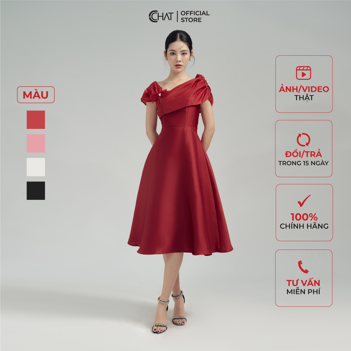Đầm Nữ CCHAT Phối Voan Tay Lệch Dáng Xòe Chất Tafta 22VNB8017XT