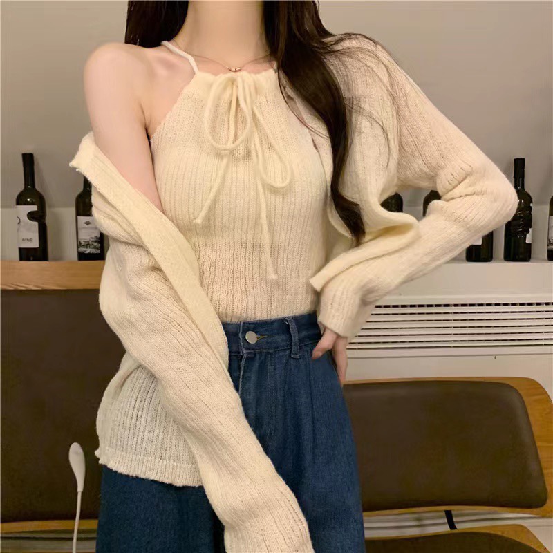SET ÁO LEN CROPTOP DÂY CỔ YẾM TRƠN PASTEL + ÁO KHOÁC CARDIGAN LỬNG TAY DÀI DẠO PHỐ ĐI CHƠI ĐI BIỂN ĐI TIỆC