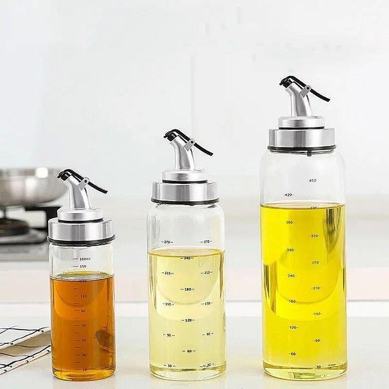 Chai Lọ Bình Đựng Dầu Ăn Thủy Tinh 160ML đến 500ML Vòi Rót Bấm Tay Chia Vạch Trong Nhà Bếp