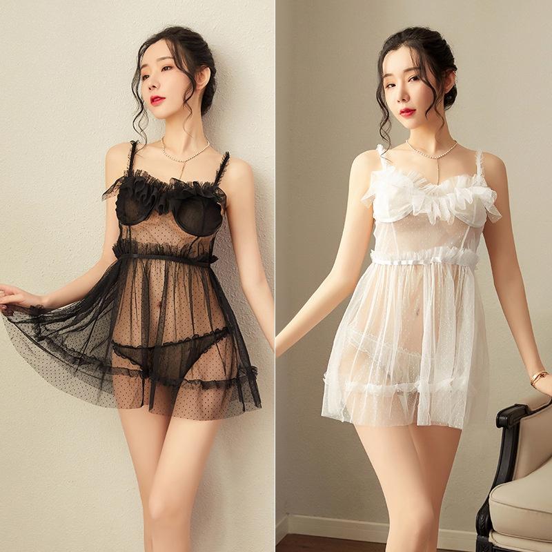 Váy ngủ ren bèo dáng xòe chấm bi điệu đà Cao Cấp ST01