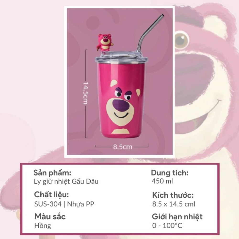 Cốc giữ nhiệt, ly giữ nhiệt gấu dâu Losto dung tích 450ml, chất liệu inox 304 giữ nhiệt từ 8-12 giờ tặng kèm ống hút
