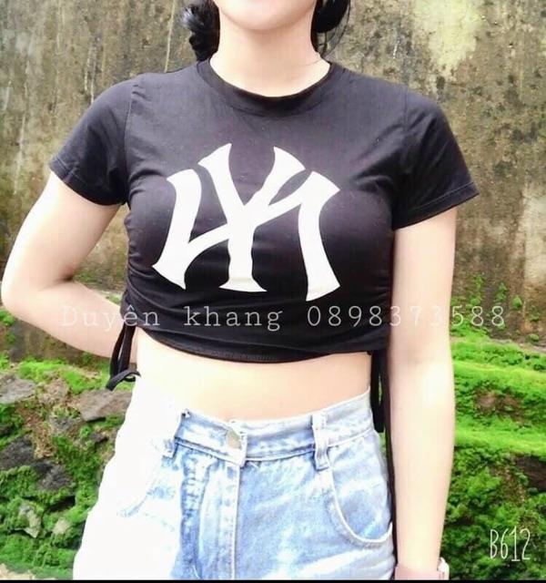 Áo thun rút dây croptop in chữ vải thun lụa