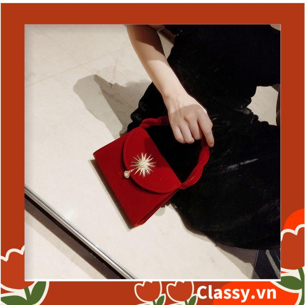 Túi nhung Classy tay cầm xoắn cao cấp - Đính phụ kiện ánh kim retro phiên bản cao cấp