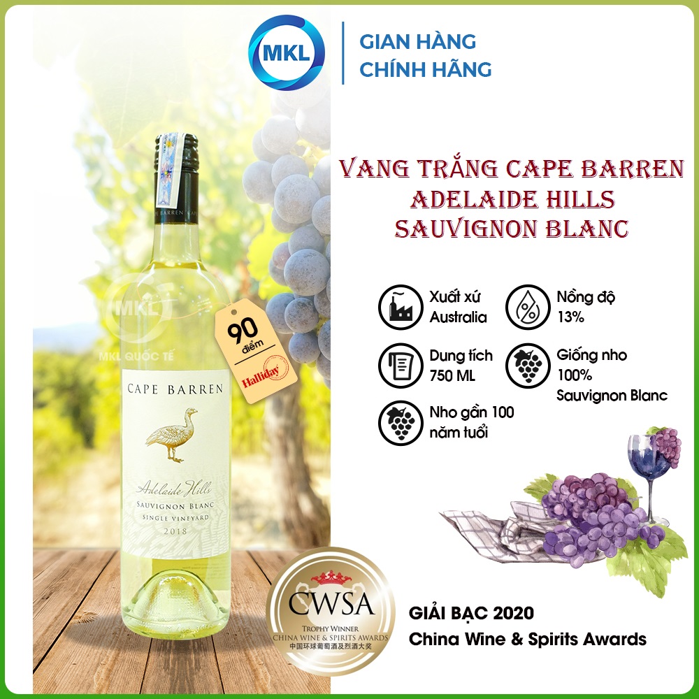 Rượu Vang Trắng Cape Barren Adelaide Hills Sauvignon Blanc 750ml 13% - Úc - Hàng Chính Hãng