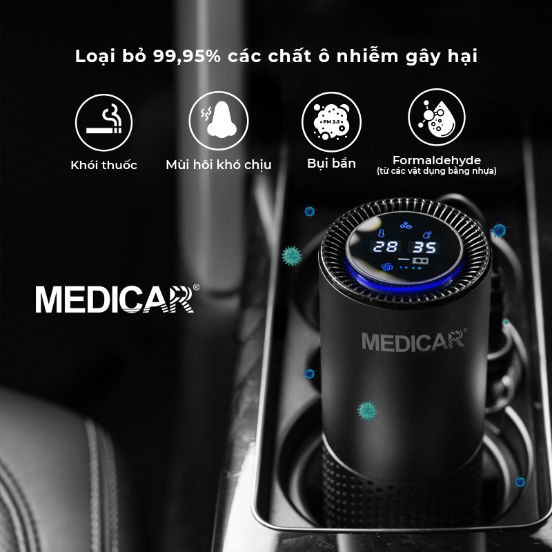 Máy lọc không khí cho ô tô thế hệ mới Medicar - Lọc bụi mịn, loại bỏ mùi,hiển thị nhiệt