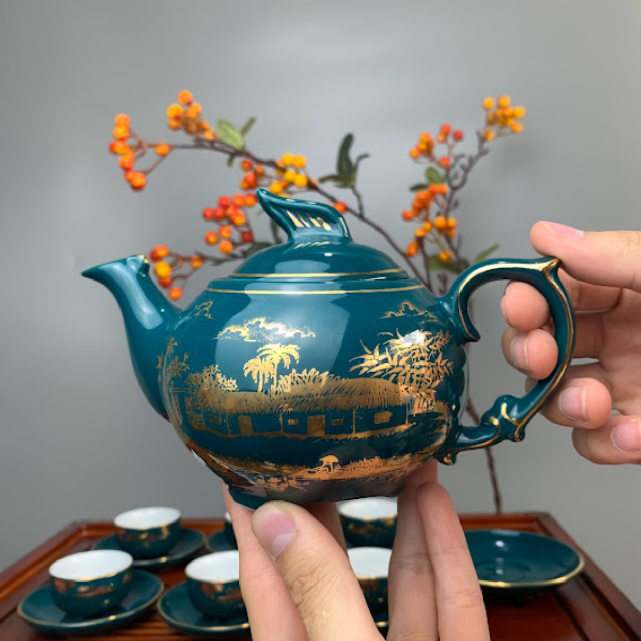 Bộ ấm chén uống trà cao cấp , bộ ấm trà Bát Tràng - kim phụng hoàng gia