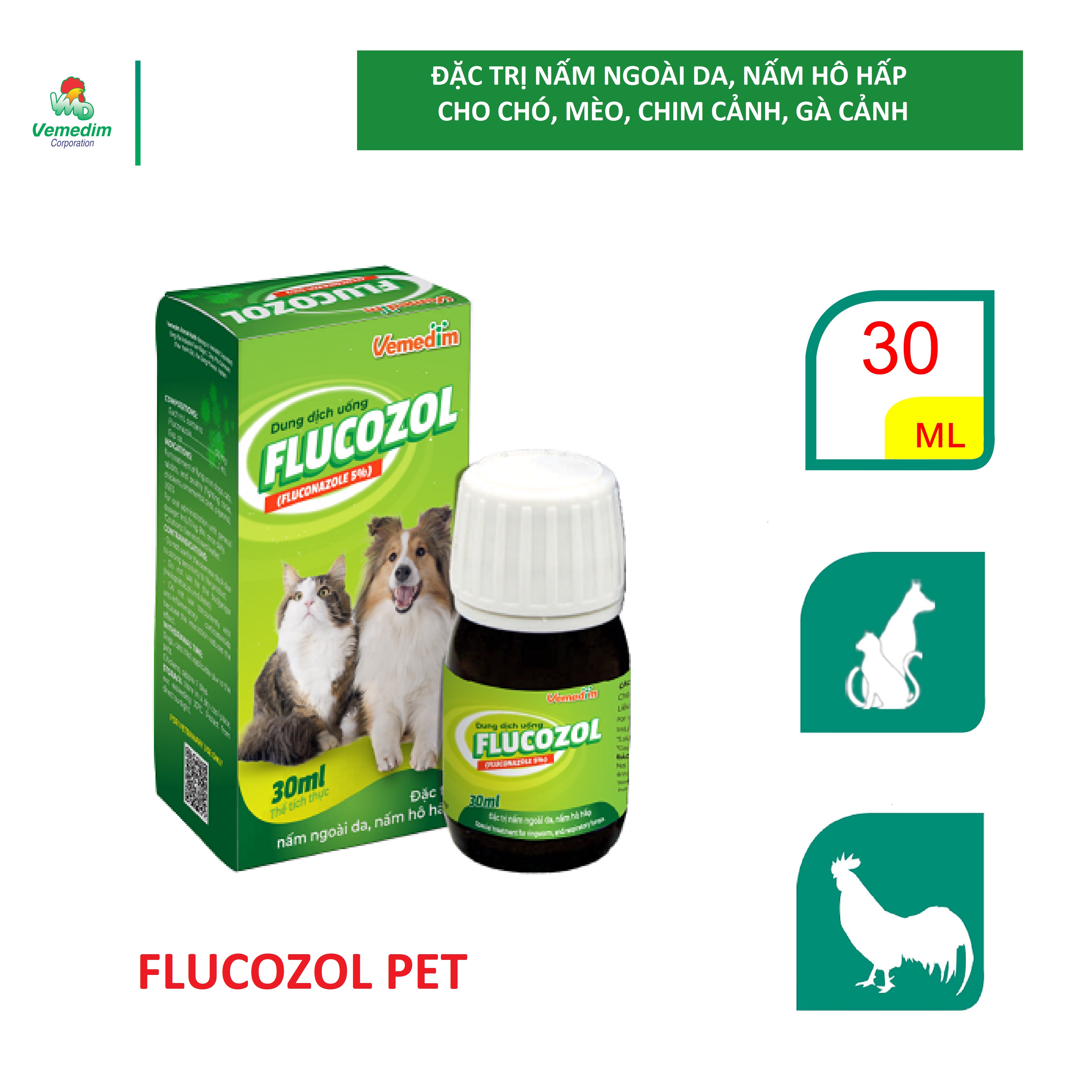 Vemedim Flucozol pet dùng cho chó, mèo, thỏ, chim cảnh, gà cảnh nấm ngoài da, nấm hô hấp, chai 30ml