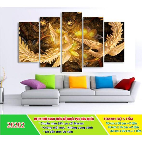Tranh treo tường trang trí Chim công - Khổng tước 5 tấm 3D/gỗ MDF Hàn Quốc chống ẩm mốc, mối mọt