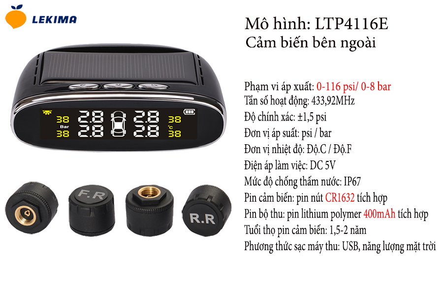 Cảm Biến Áp Suất Lốp Ô Tô LEKIMA LTP4116E, Van Ngoài, Chất Lượng Cao, Mẫu Mới 2022