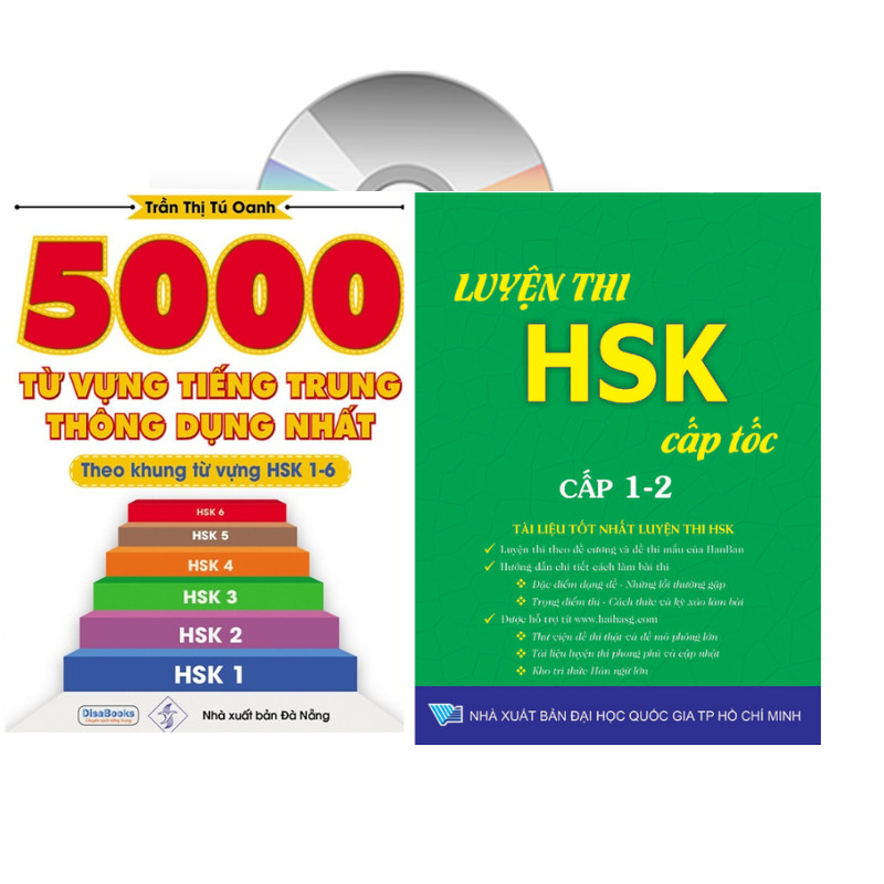 Combo 2 sách: 5000 từ vựng theo khung hsl 1 đến hsk6 và Luyện thi HSK cấp tốc cấp 1-2