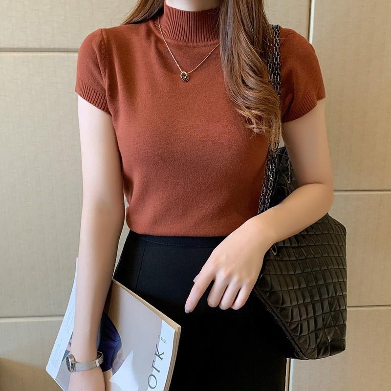 Áo len cộc tay cổ cao nhiều màu Áo len phong cách Hàn Quốc